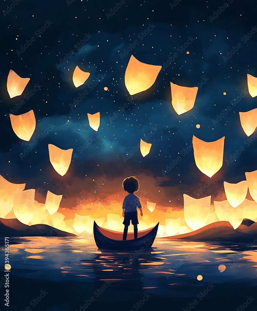 A child sailing on a boat watching paper lanterns at night