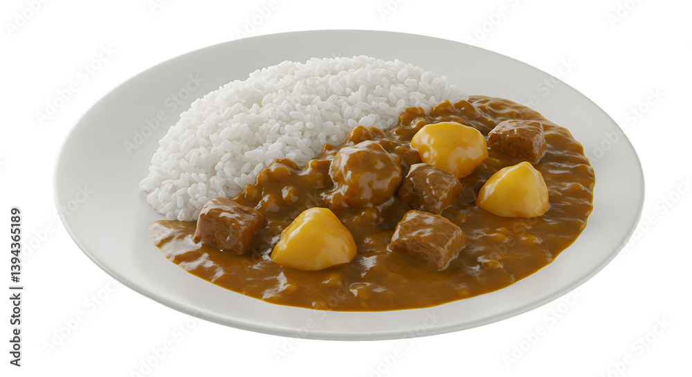 Delicious curry dish featuring tender meat and vegetables served with fluffy rice Delicious curry dish featuring tender meat and vegetables served with fluffy rice