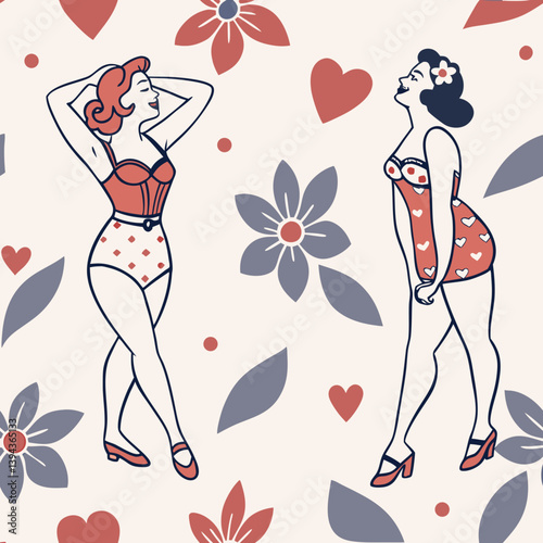 Vintage pin-up women in playful poses within floral vector seamless pattern