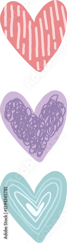Three hand drawn hearts in pink purple and blue