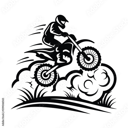 Stylized Silhouette Rider Leaping on Dirt Bike over Grass, Black & White, Intense Action
