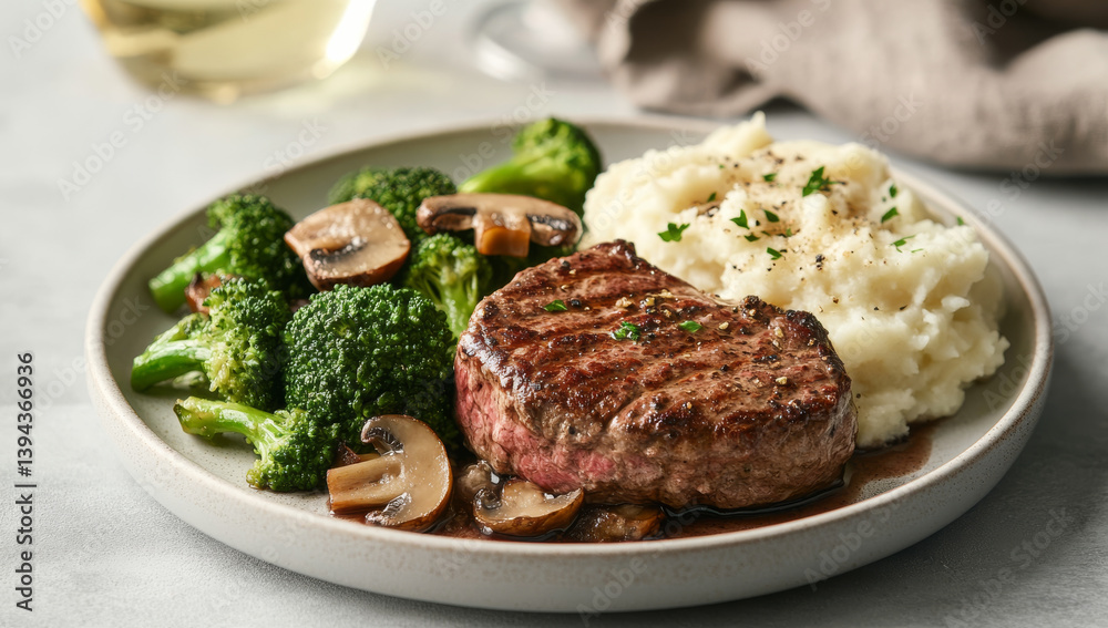 plate featuring perfectly seared filet mignon with side of creamy mashed potatoes and sauteed broccoli and mushrooms, creating delicious and inviting meal plate featuring perfectly seared filet mignon with side of creamy mashed potatoes and sauteed broccoli and mushrooms, creating delicious and inviting meal