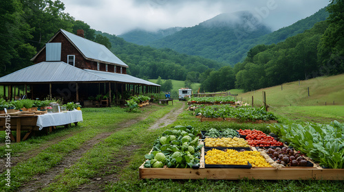 A breathtaking view of a farm amidst lush green mountains. Rows of vibrant vegetables and a rustic barn create a serene and idyllic scene. A picturesque view of a farm nestled in the Mountains