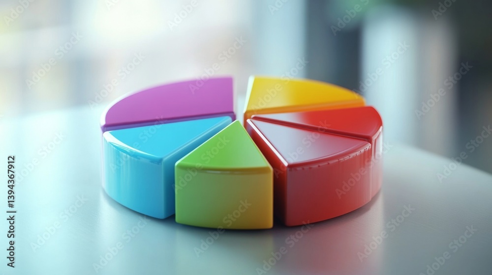 Obraz premium A close-up view of a D pie chart with distinct segments, showcasing data distribution in bright colors, highlighted by reflections and shadows for depth.