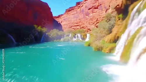 4K  shot of Havasu Falls with turquoise river, cascading waterfalls, red rock canyon walls, and green vegetation, capturing natural beauty and vivid textures

