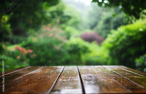 wooden table glistens with raindrops in lush, blurred garden setting, evoking serene and refreshing atmosphere. greenery in background enhances tranquil scene