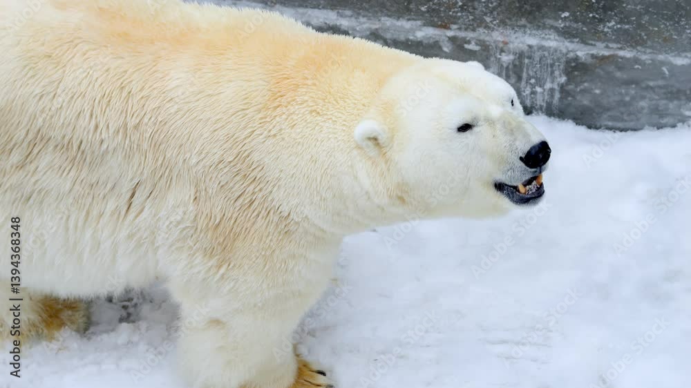 Polar bear is walking through the snow. The bear is white and has black markings on its face Polar bear is walking through the snow. The bear is white and has black markings on its face