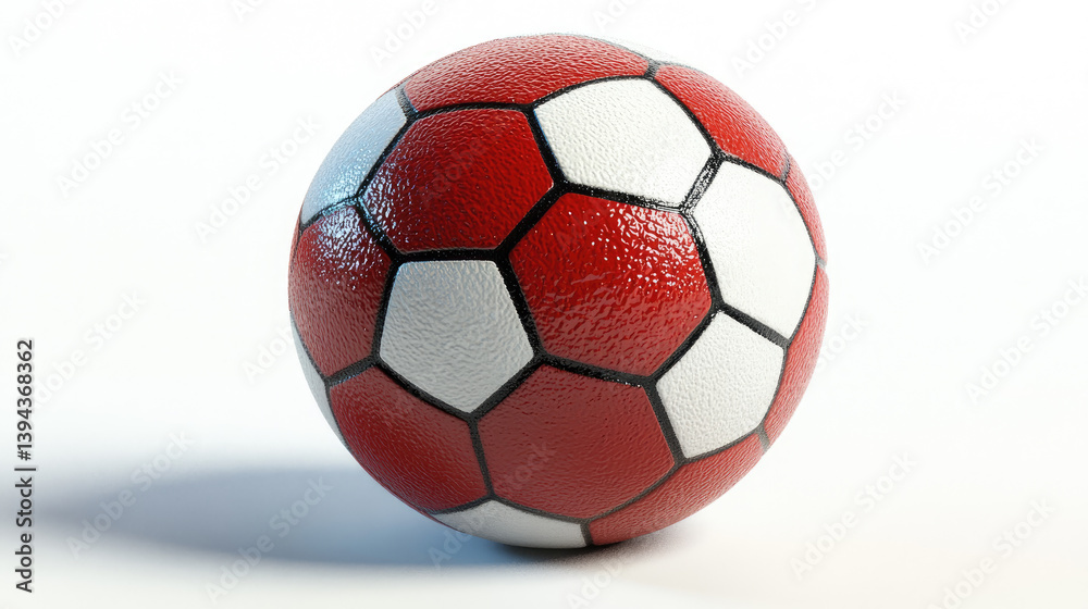 Bright red and white soccer ball resting on a smooth surface highlighting its hexagonal design during a summer afternoon Bright red and white soccer ball resting on a smooth surface highlighting its hexagonal design during a summer afternoon
