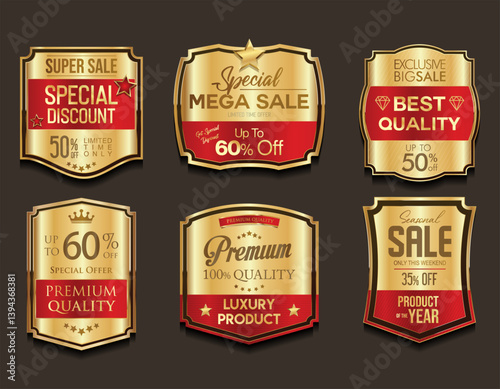 Premium quality gold and red badge and emblem collection stock illustration