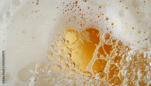 top down view of beer glass shows frothy bubbles and golden liquid, creating refreshing and inviting appearance. close up captures effervescence and texture of foam