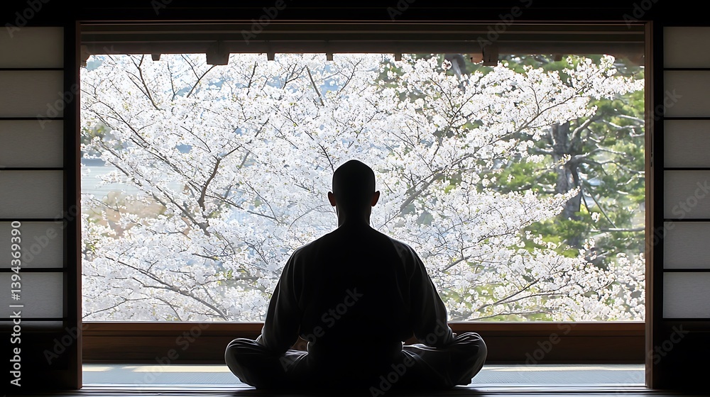 A person meditates while facing blossoming cherry trees outside