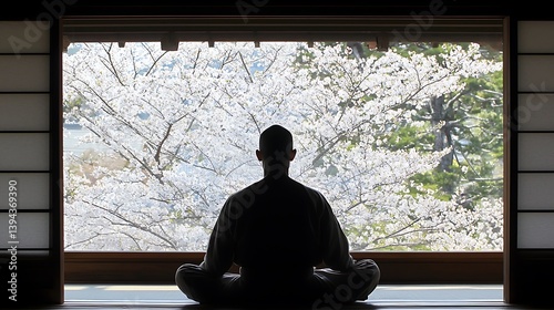 Obraz na płótnie A person meditates while facing blossoming cherry trees outside w salonie