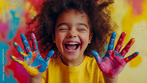 joyful child with curly hair shows their hands covered in bright, colorful paint, smiling widely against vibrant painted background