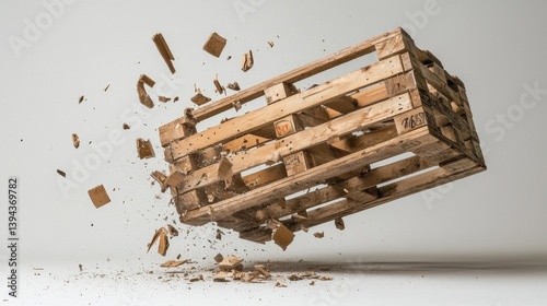 Wooden pallet shattering mid-air with debris flying in various directions during dynamic action scene