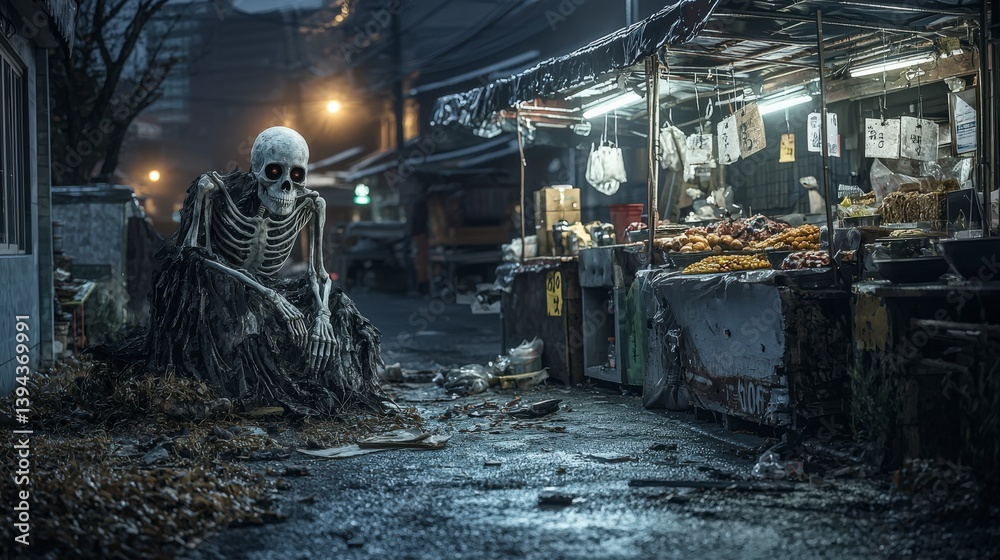 Spooky skeleton encounter abandoned market urban scene nighttime atmospheric eerie concept for seo impact Spooky skeleton encounter abandoned market urban scene nighttime atmospheric eerie concept for seo impact