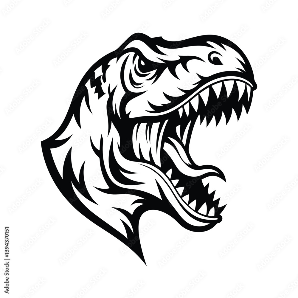 Black and White Roaring Dinosaur Head with Open Mouth and Sharp Teeth Icon Design Black and White Roaring Dinosaur Head with Open Mouth and Sharp Teeth Icon Design