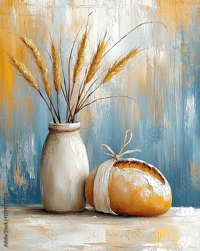 Oil Painting of Crusty Sourdough Loaf Wrapped with Straw and Vase of Wheat Against Abstract Blue and Orange Background