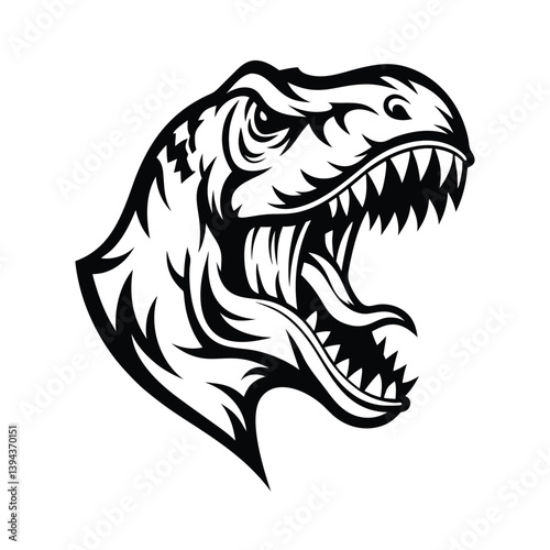 Black and White Roaring Dinosaur Head with Open Mouth and Sharp Teeth Icon Design