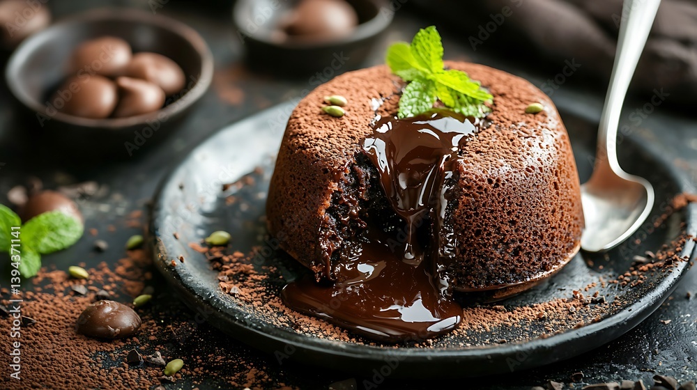 A Delicious Chocolate Lava Cake Plated with Fresh Mint and Extras