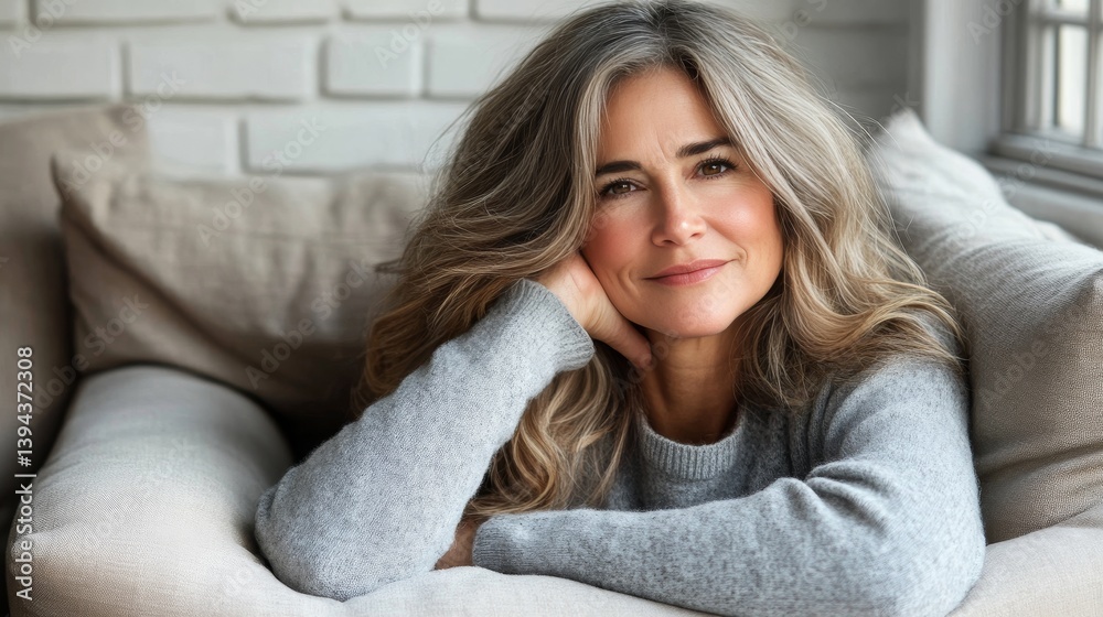 Portrait of Beautiful Genuine Mature Woman with Gray Hair Smiling Softly. Home Interior Portrait of Beautiful Genuine Mature Woman with Gray Hair Smiling Softly. Home Interior