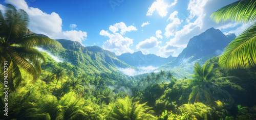 Lush jungle landscape with vibrant greenery, towering mountains, and bright blue sky dotted with fluffy clouds, creating serene and breathtaking view