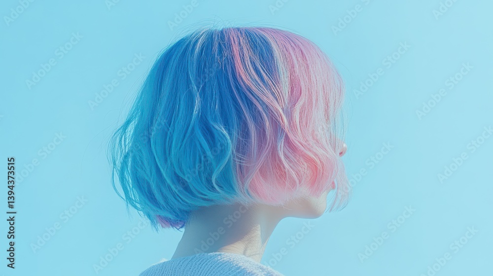 Naklejka premium a beautiful woman with colorful, pastel-colored blue and pink hair
