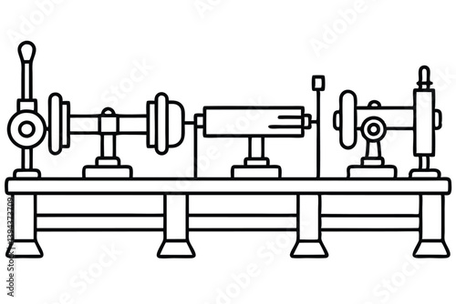 bench lathe line art schematic illustrating setup and operational structure