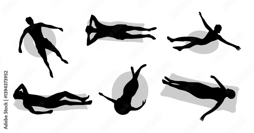 Set of silhouettes of different people floating in the water, men, women, children on inflatable rings, mattress, trunk. Vector flat illustration elevated view isolated on transparent background Set of silhouettes of different people floating in the water, men, women, children on inflatable rings, mattress, trunk. Vector flat illustration elevated view isolated on transparent background