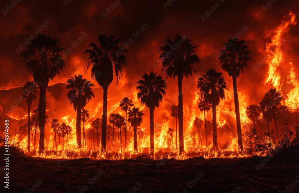 Obraz premium dramatic scene of palm trees engulfed in flames against dark sky, illustrating intensity of wildfire in desert landscape. fiery glow creates striking contrast
