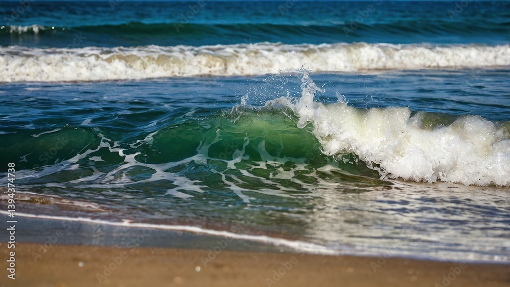 Fototapeta premium Blue ocean waves crash on the sandy beach shore under the summer sky