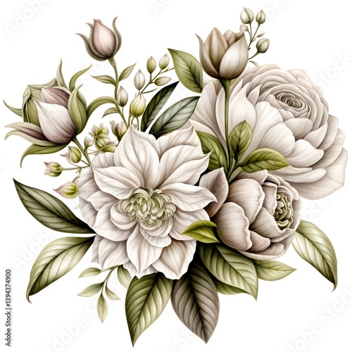 Botanical flowers in white background.