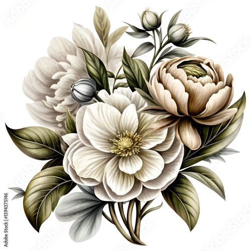 Botanical flowers in white background.
