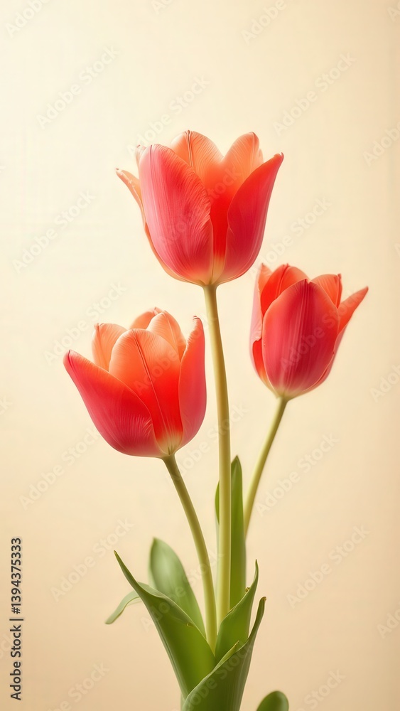 Diagonal coral tulip arrangement with translucent petals in morning light - Generative AI Diagonal coral tulip arrangement with translucent petals in morning light - Generative AI
