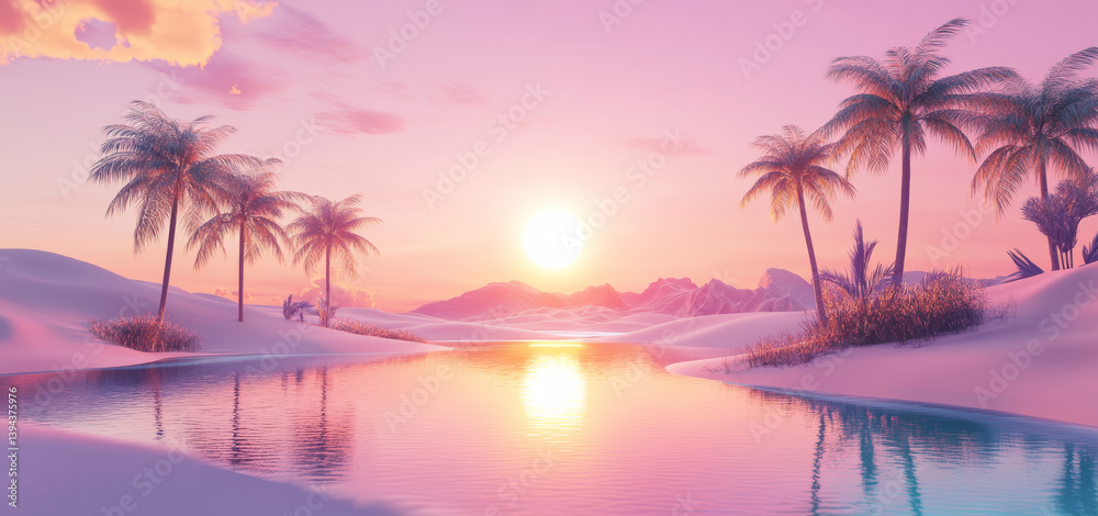 serene 3D rendering of sunset in desert features palm trees and tranquil water body reflecting vibrant colors of sky. scene evokes sense of calm and beauty serene 3D rendering of sunset in desert features palm trees and tranquil water body reflecting vibrant colors of sky. scene evokes sense of calm and beauty