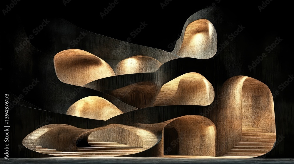 Intricate, dark wood, sculptural interior. Complex, flowing design with recessed, lit areas Intricate, dark wood, sculptural interior. Complex, flowing design with recessed, lit areas