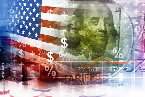 U.S. tariff rate rising , trade policy , business graph and dollars banknote , tax calculation change