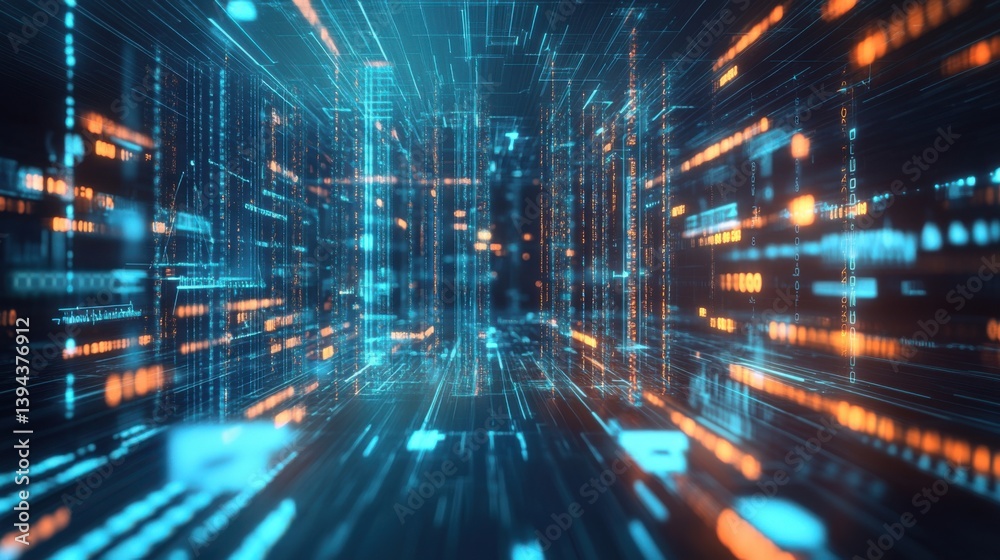 A futuristic digital environment with glowing blue and orange lines representing data flow and technology. A futuristic digital environment with glowing blue and orange lines representing data flow and technology.