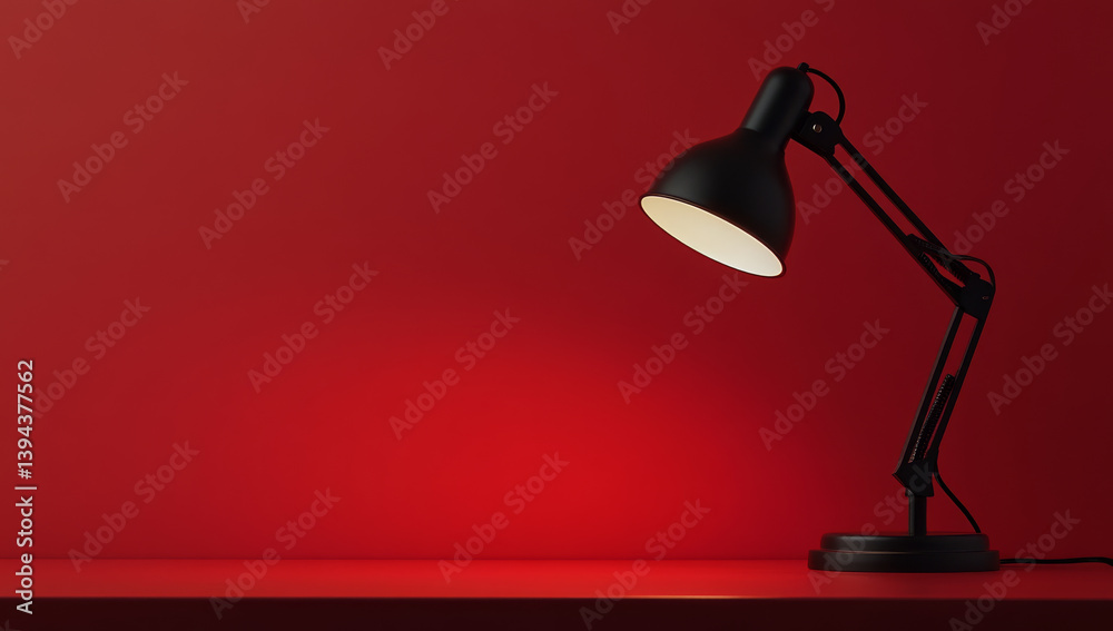 sleek black desk lamp stands on vibrant red background, casting warm glow and creating striking contrast. minimalist design adds elegance to scene sleek black desk lamp stands on vibrant red background, casting warm glow and creating striking contrast. minimalist design adds elegance to scene