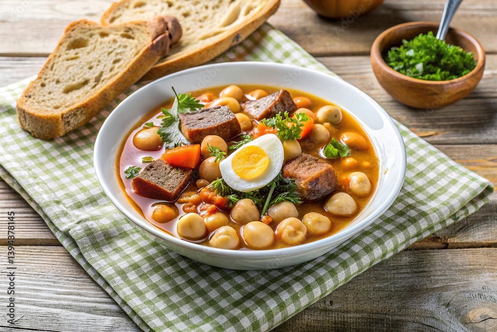 Soup with chickpeas and meat in a bowl on wooden background Soup with chickpeas and meat in a bowl on wooden background