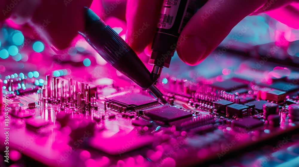 Hands holding a pen marking a circuit board detail