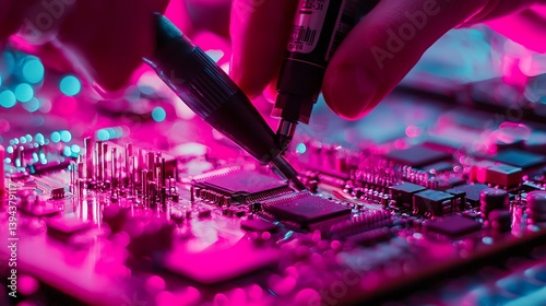 Obraz na płótnie Hands holding a pen marking a circuit board detail w salonie