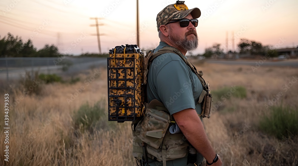 A man wearing sunglasses and backpack in a field