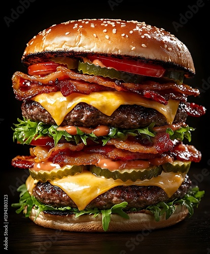 A delicious layered hamburger stacked with various savory ingredients and toppings