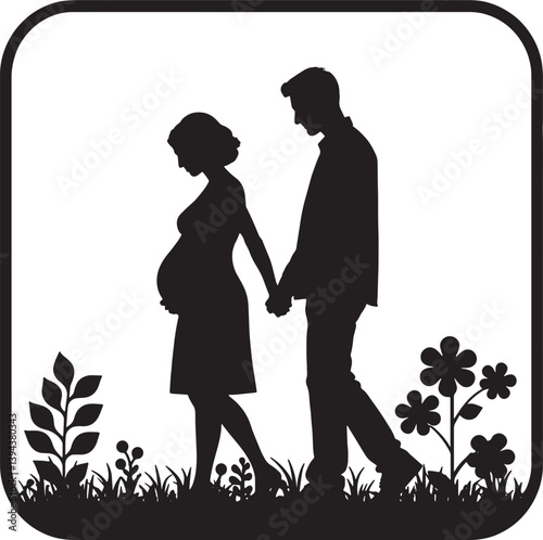 Vector silhouette of a mom-to-be walking with her caring husband in an outdoor setting.
