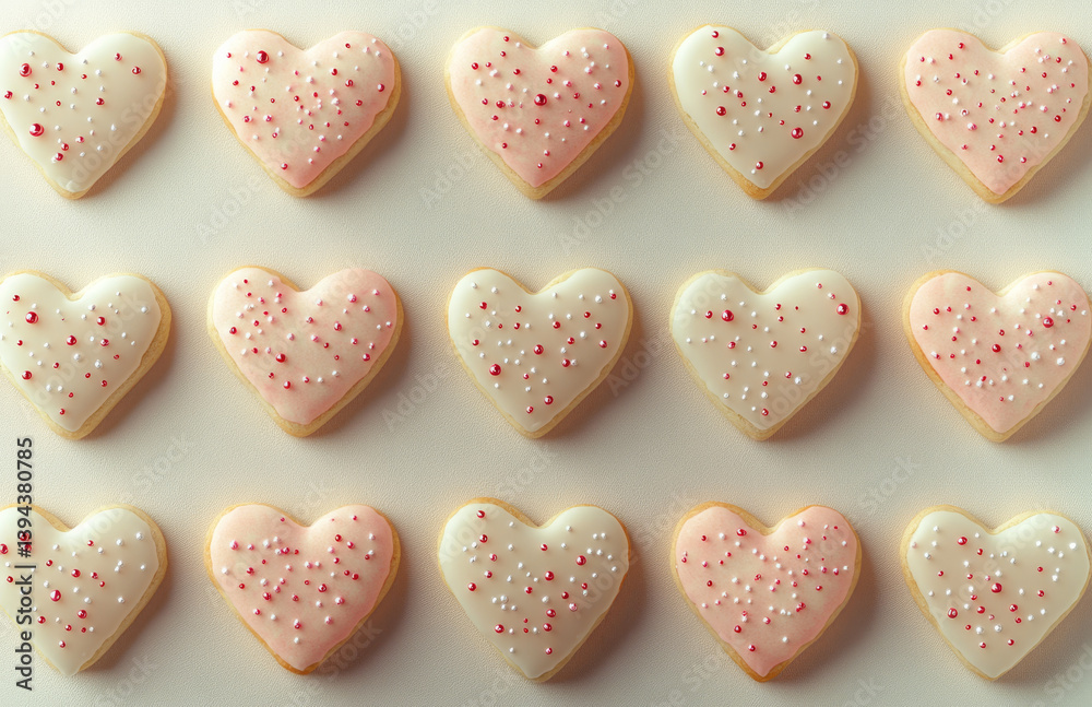 Fototapeta premium Heart shaped cookies with pink and white icing are arranged in neat pattern, each adorned with small red and white sprinkles, creating sweet and festive appearance