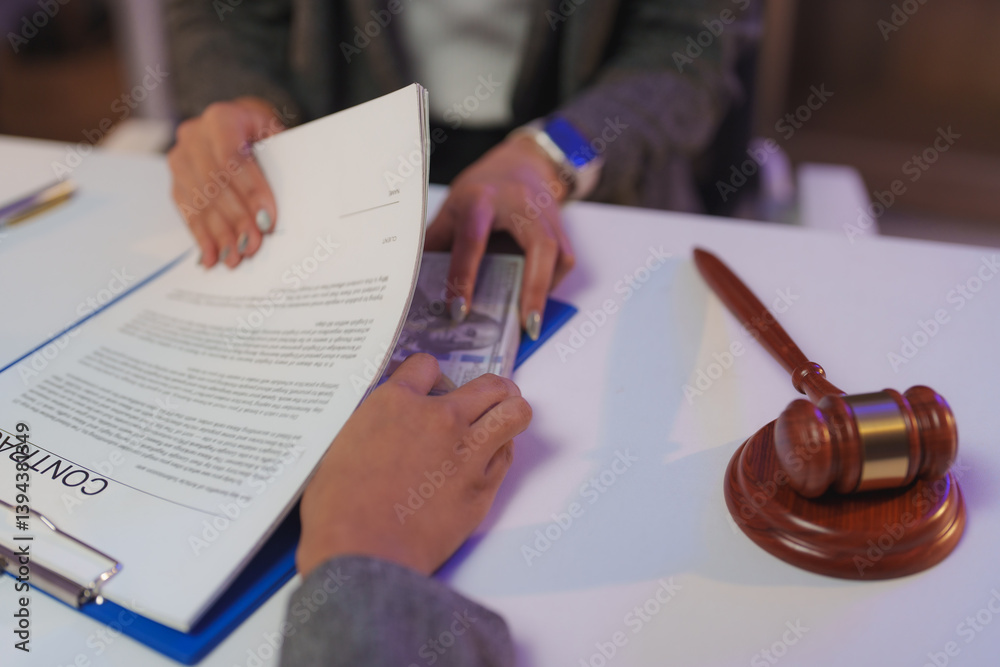 Φωτογραφία Businesswoman hiding bribe money within a contract folder while a gavel rests on