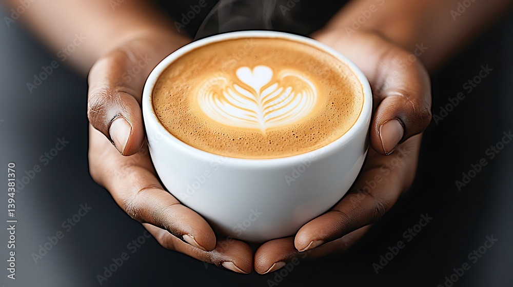 A pair of hands hold a steaming cup of coffee