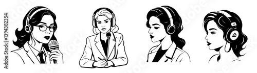 set of logo mascot woman journalist on podcast