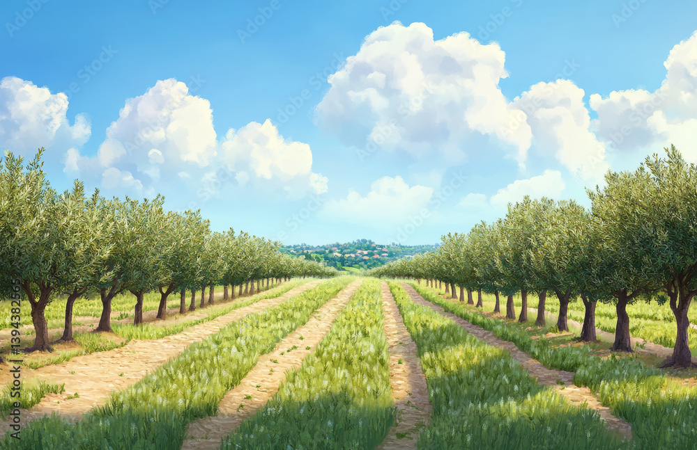Naklejka premium scenic view of vineyard rows with olive trees in middle, under bright blue sky with fluffy clouds. landscape is lush and vibrant, evoking sense of tranquility and natural beauty