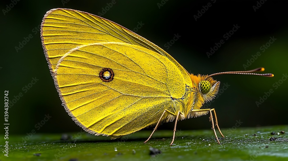 A beautiful yellow butterfly resting on a green leaf surface